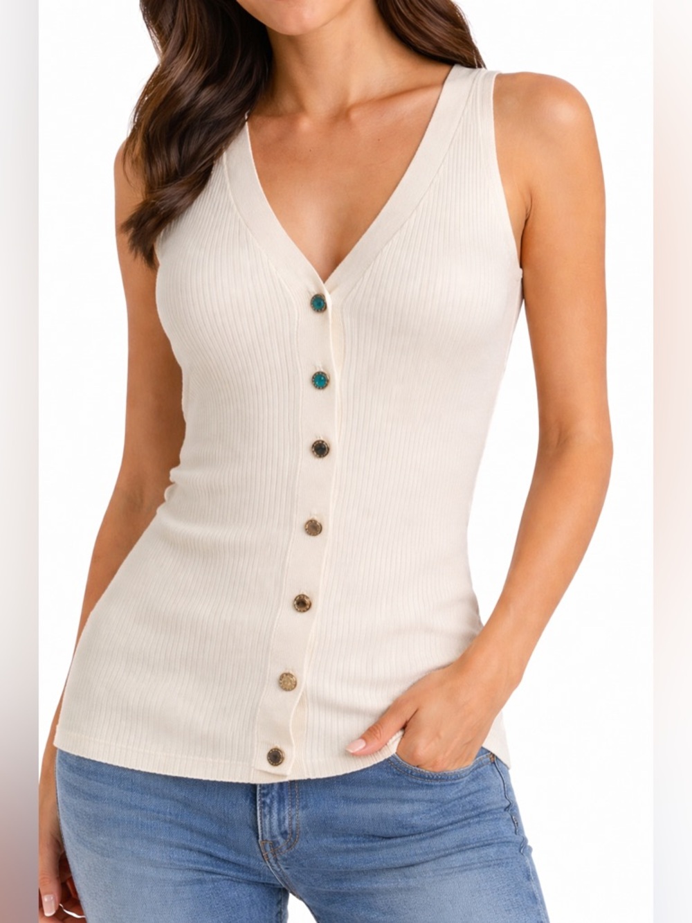 Morgan de Toi Cream Ribbed Sleeveless V Neck Button Front Knit Top Small